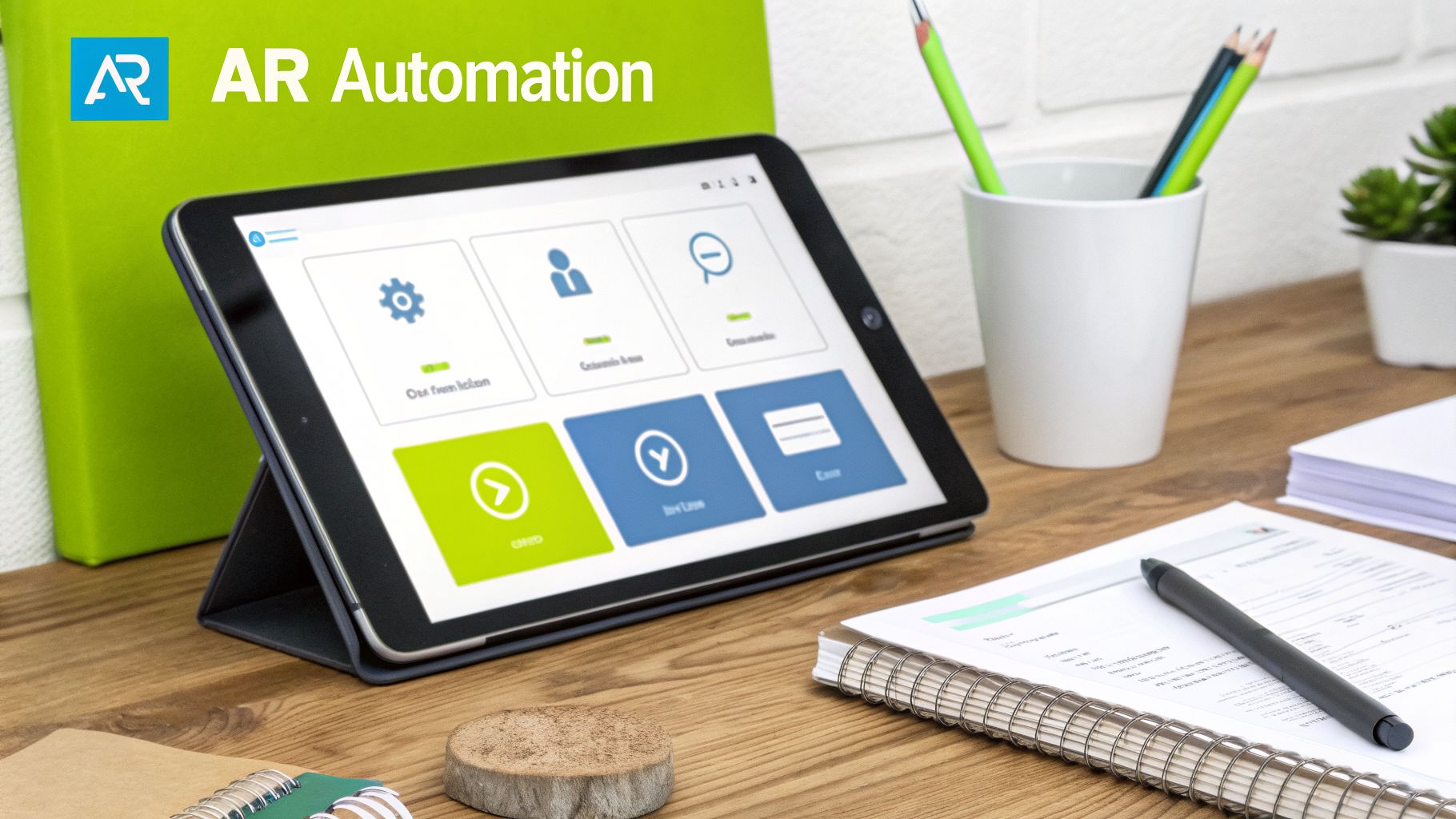 A tablet displaying an AR Automation app on a wooden desk with office supplies.