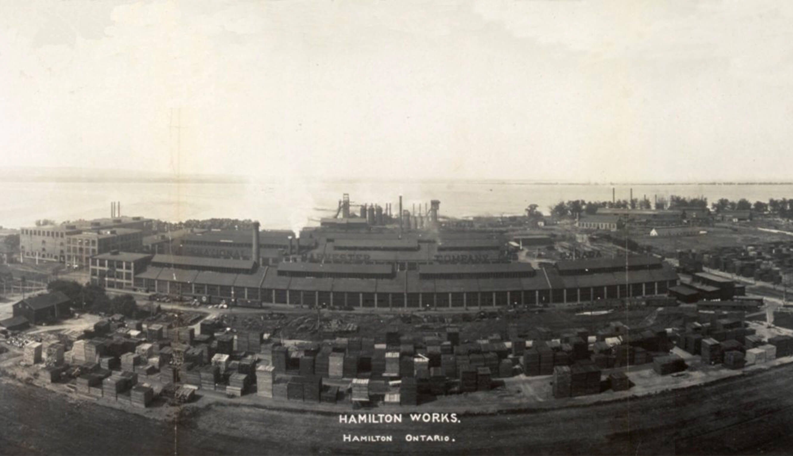 Archival photo of Hamilton Works, with an aerial view of the industrial site