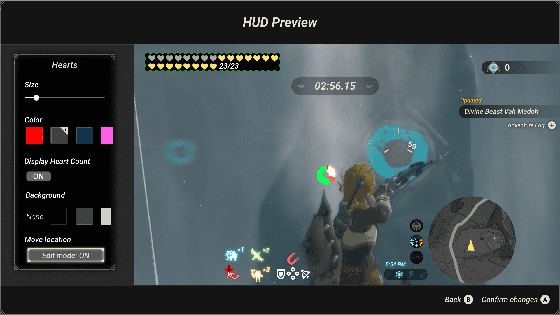 An image of the heads up display system Edith designed. The image is of a menu where the player can select to move their hearts from one location on the screen to another in the Legend of Zelda, Breath of the Wild.
