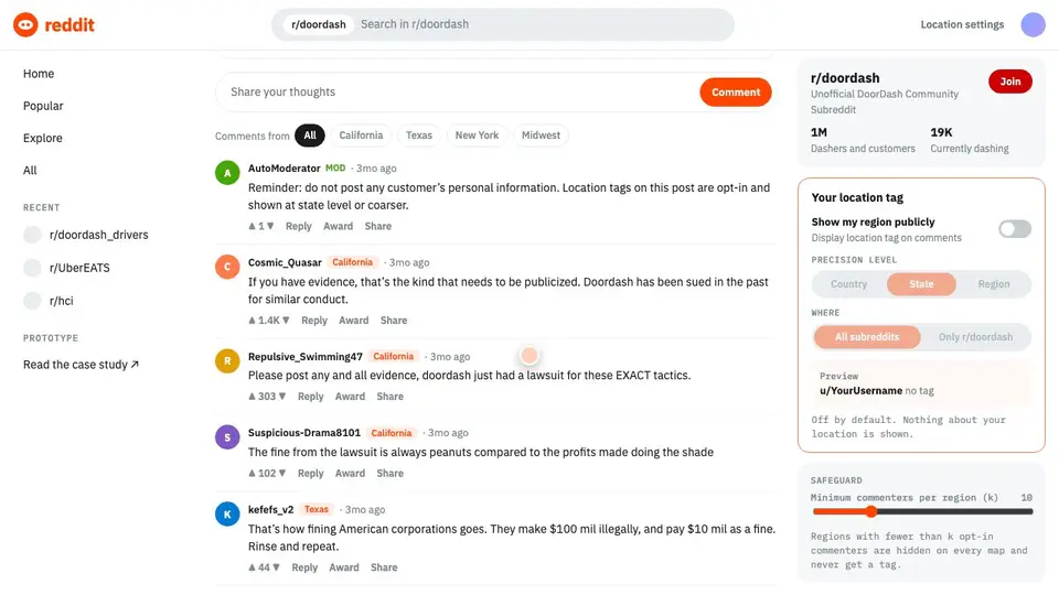 Filtering comments by region