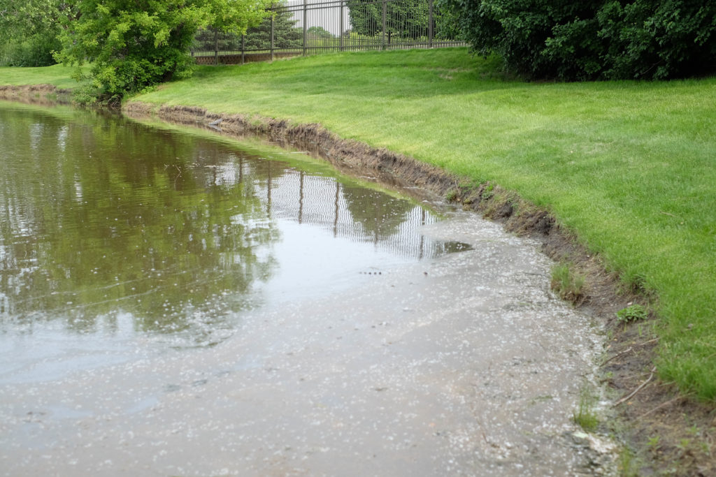 Pond with visible shoreline and dropping water level showing signs of a possible leak.