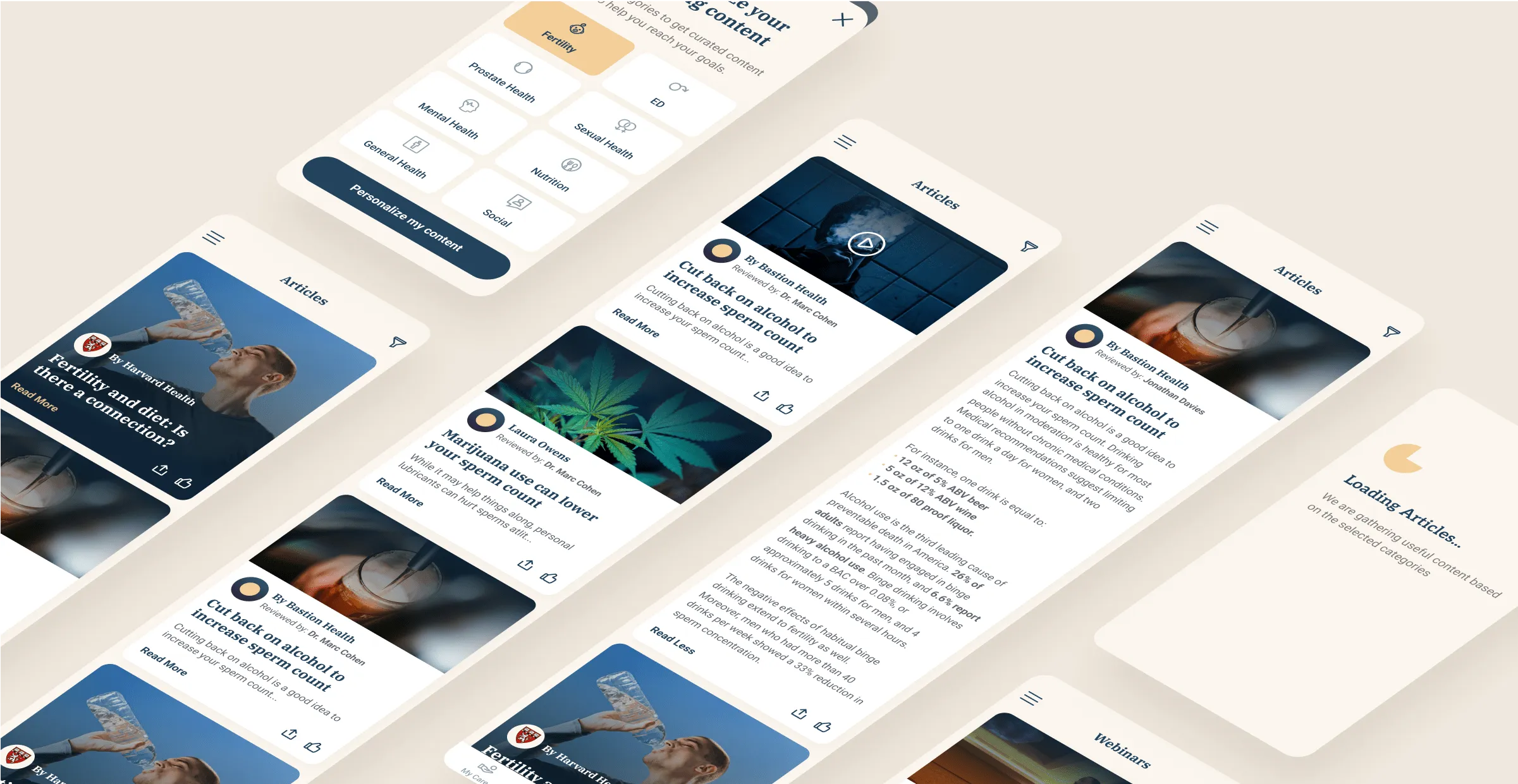 Bastion articles and webinar mobile app screens