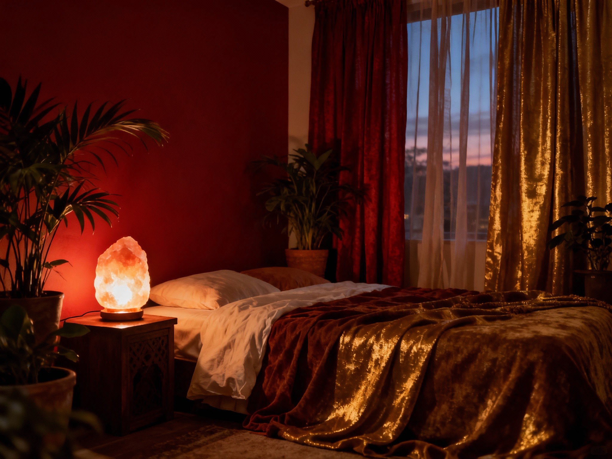 An elegant feng shui bedroom at dusk illuminated by subtle, warm ambient lighting and strategically