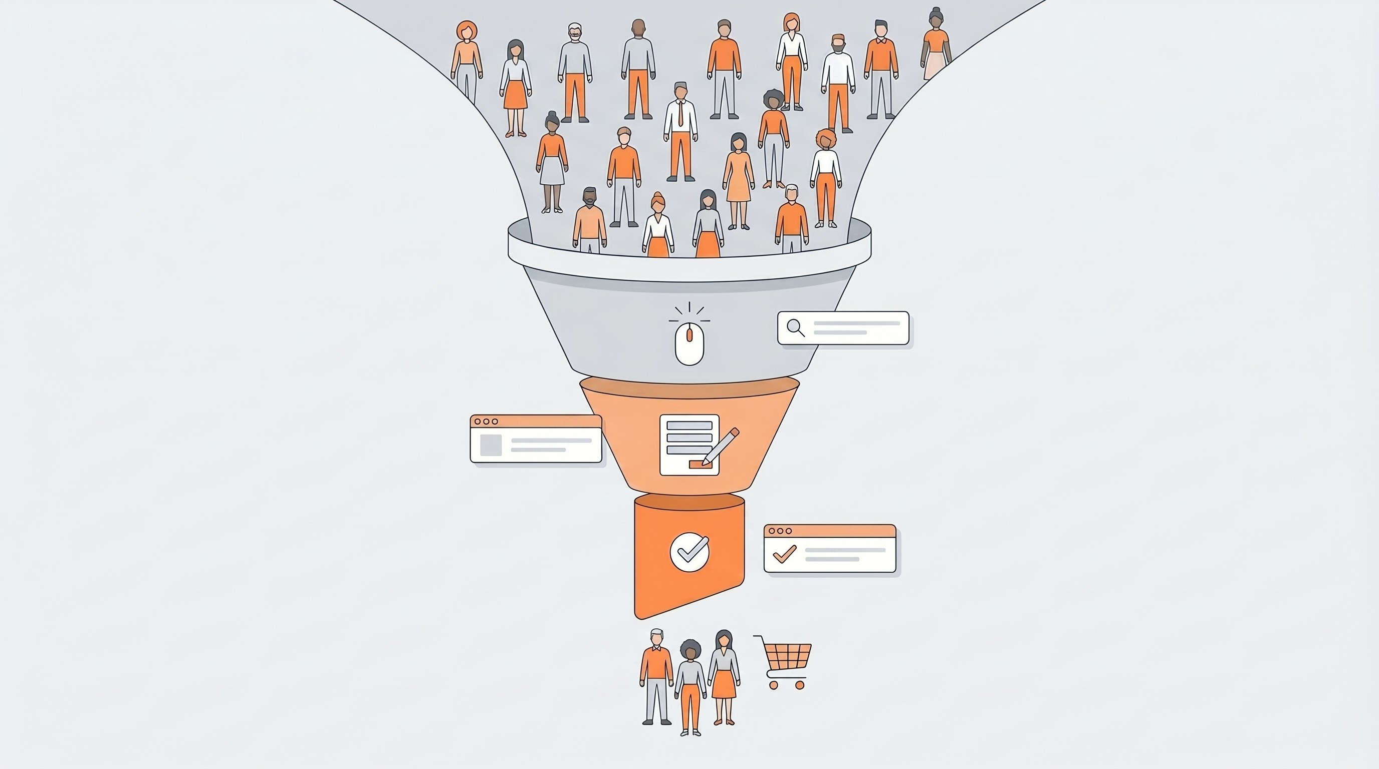 Illustration of a website conversion funnel showing visitors entering at the top and a smaller group completing a desired action at the bottom.