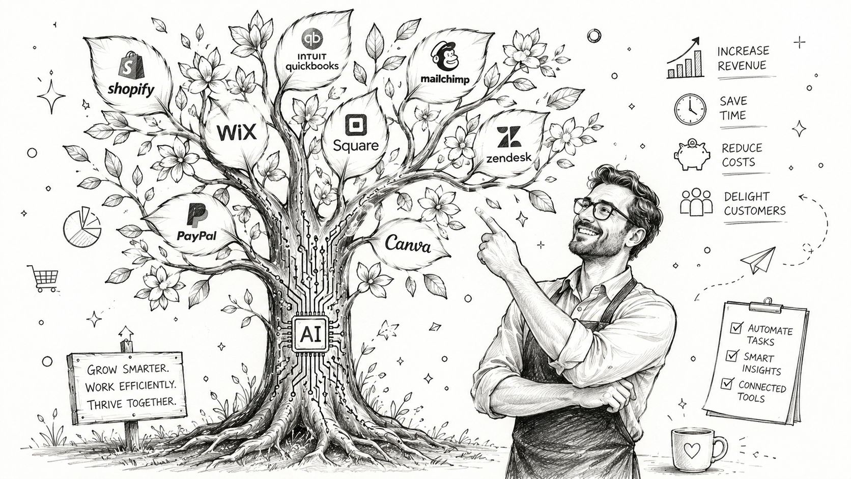 A man pointing at a business tree illustration representing AI-driven marketing automation tools for growth.