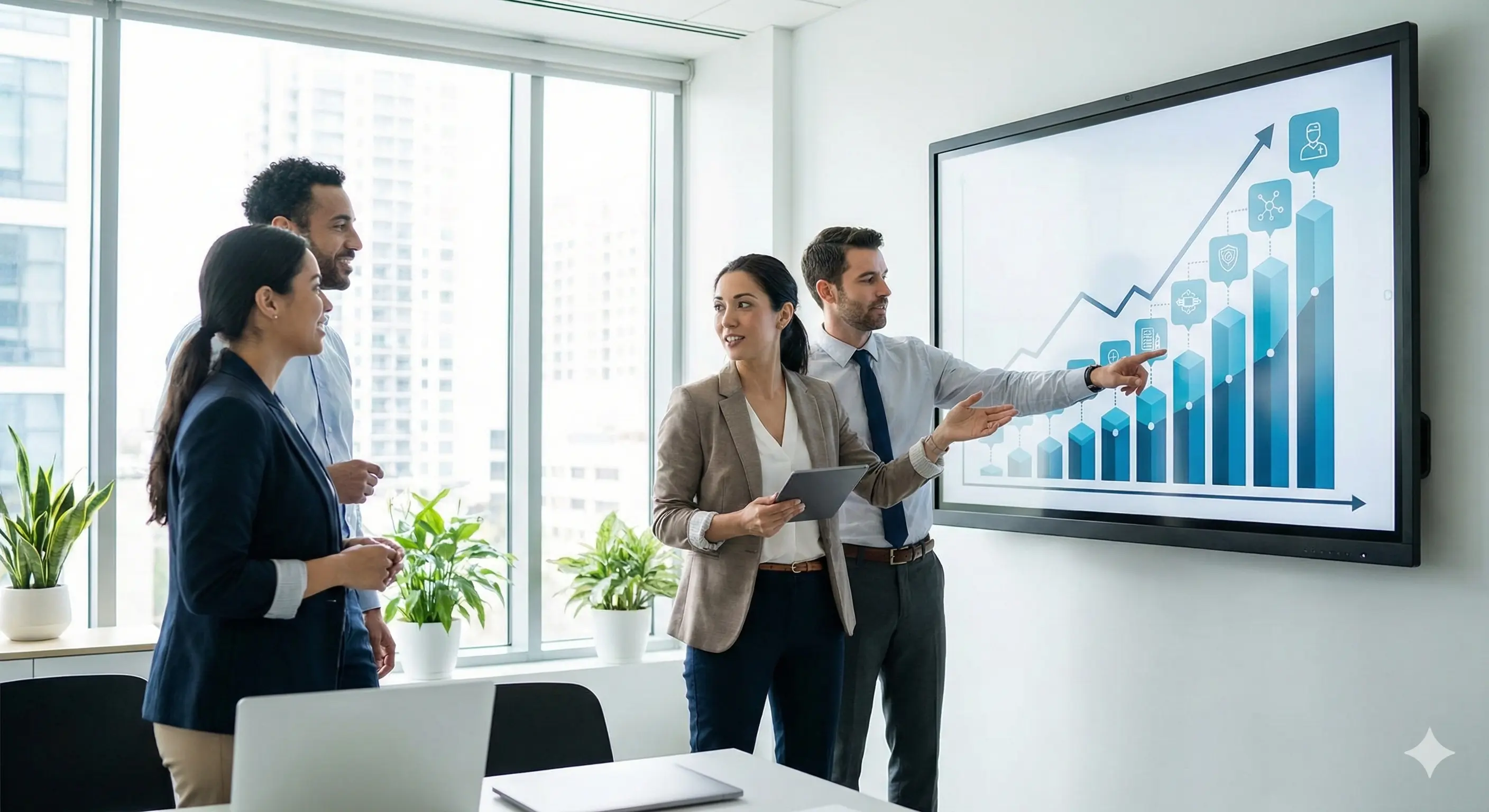 A talent recruiter with a soft smile working on her laptop in the office. The angle is on her face so we can't see what's is on the screen. She is wearing a blazer 