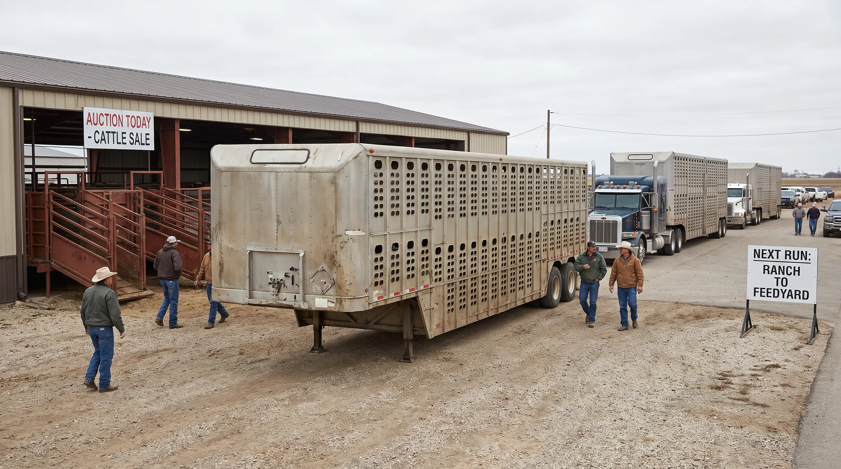 A livestock trailer parked beside a sale barn shows how cattle haulers line up the next run between ranches, feedyards and auction markets.