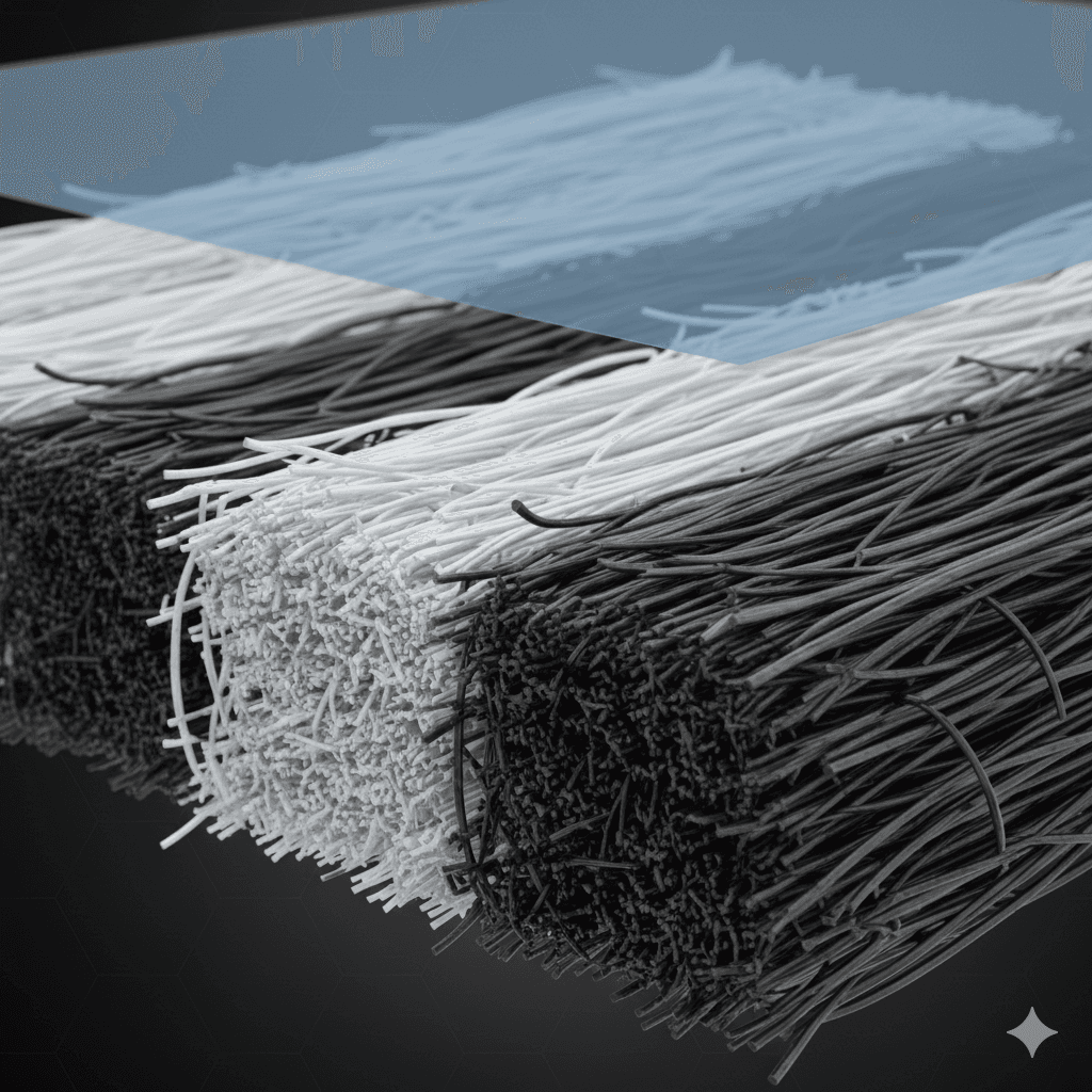 Macro view of fiber reinforcements embedded in a resin layer, illustrating the structure of polymer matrix composite materials, by Automech Group