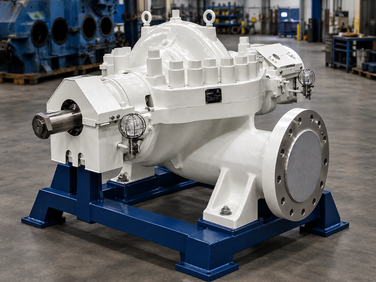 Repaired industrial pump on a blue support frame