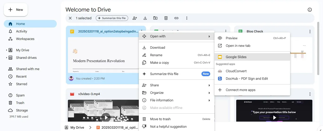 A screenshot of a right-click context menu in Google Drive, with the option “Open with Google Slides” highlighted.