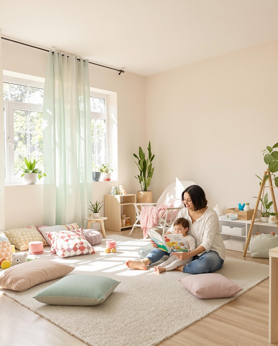 Mother reading a book to a child on the floor in a cozy, bright room.