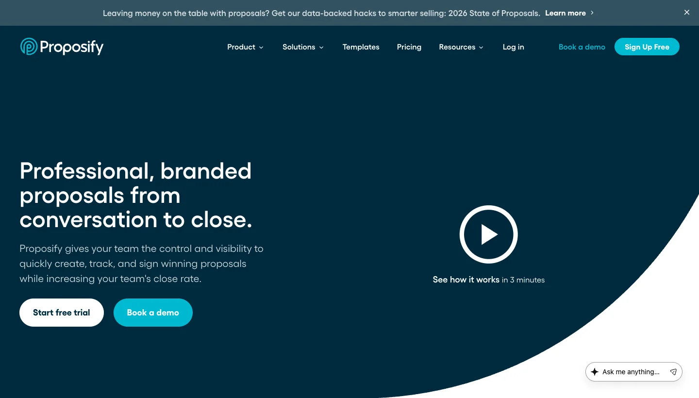 Proposify homepage: proposal software for sales teams with engagement tracking