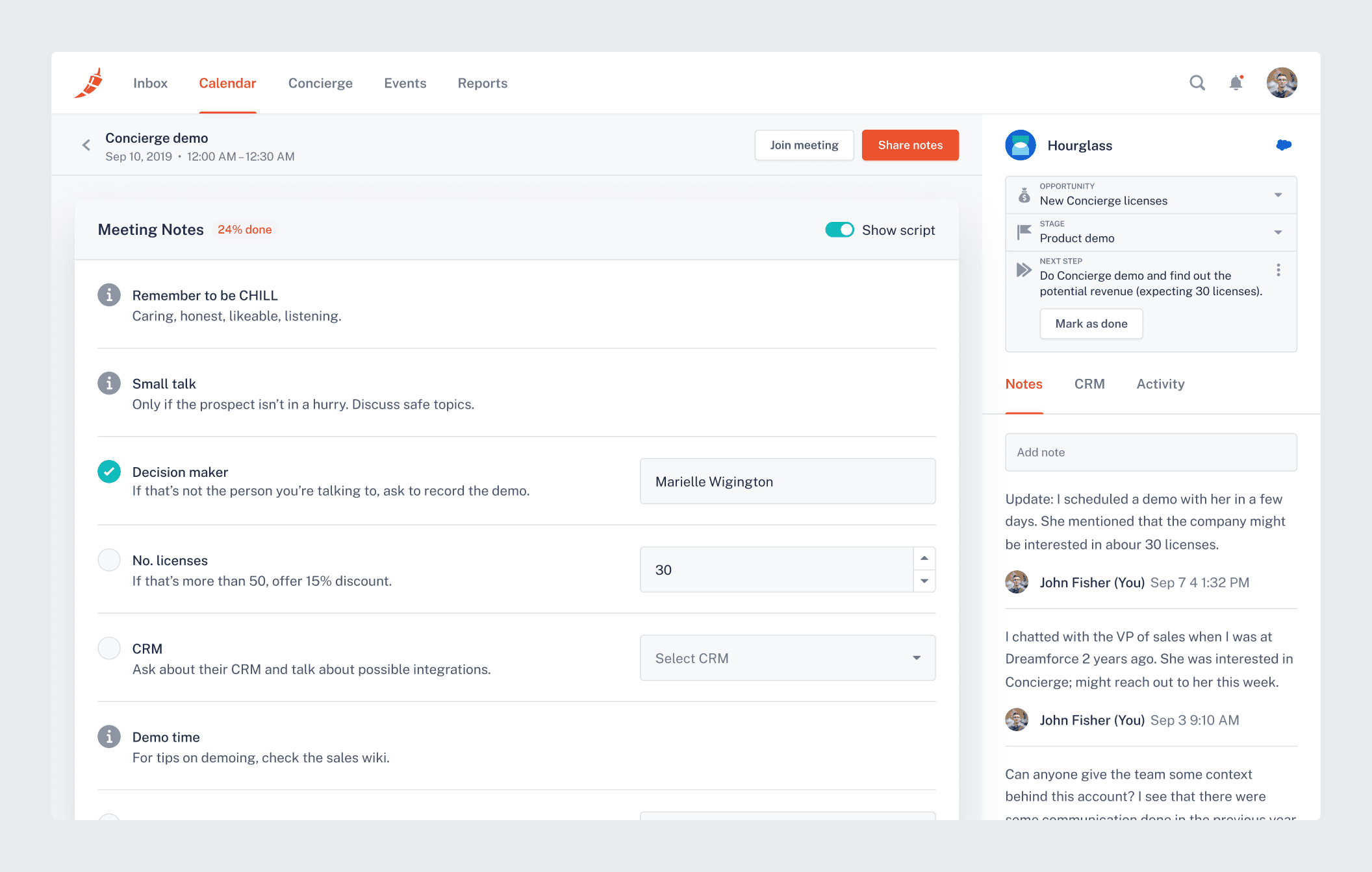 The “Meeting Notes” feature. The main part of the screen contains the meeting agenda, where some bullet points have input fields to save information from the meeting. On the right side of the screen, there’s a sidebar that contains all the information on the prospect’s company that’s available in the system.