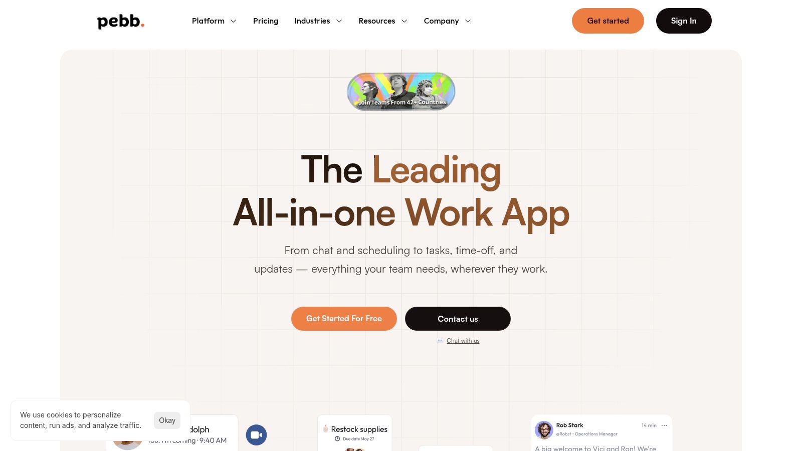 Pebb work app interface showing a newsfeed on a mobile device