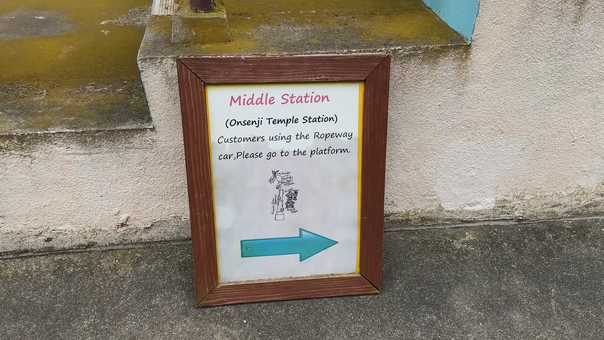 A hand-lettered English sign reading Middle Station, Onsenji Temple Station, with an arrow.