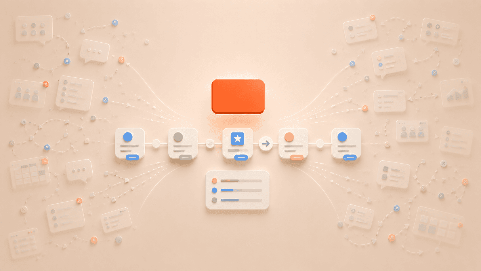 Minimalistische 3D-Illustration eines strukturierten Team-Workflows mit einer schwebenden korallfarbenen Fokuskarte über einem klaren gemeinsamen Prozesspfad. Geordnete Rollen-, Aufgaben- und Übergabe-Elemente verbinden sich entlang eines zentralen Arbeitsflusses, während transparente Kommunikations-, Meeting-, Dashboard- und Aufgabenfragmente an den äußeren Rändern im warmen cremebeigen Hintergrund verblassen und ineffiziente Systeme sowie fragmentierte Zusammenarbeit symbolisieren.