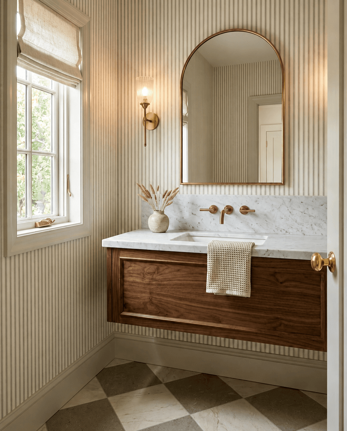 Elegant powder room featuring a floating walnut vanity with a marble countertop, brass wall-mounted faucet, oversized arched brass mirror, textured striped wallpaper, brass sconce lighting, and a black-and-white checkerboard marble floor.