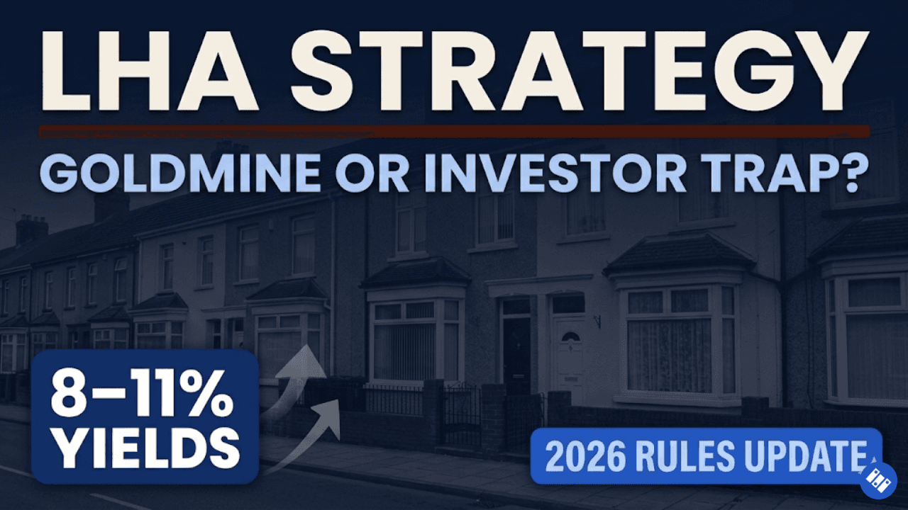 Dark blue graphic thumbnail showing terraced houses with LHA strategy title and 8-11% yield badge