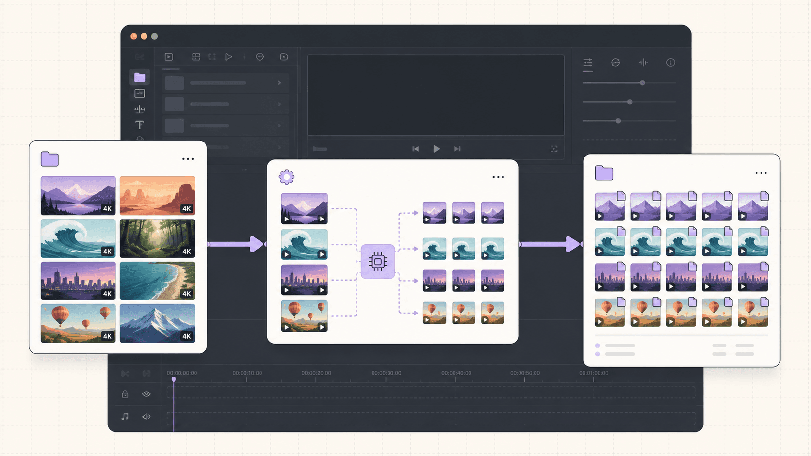 Proxy-editing workflow converting high-resolution source footage into lightweight media for smoother editing and organized project storage.