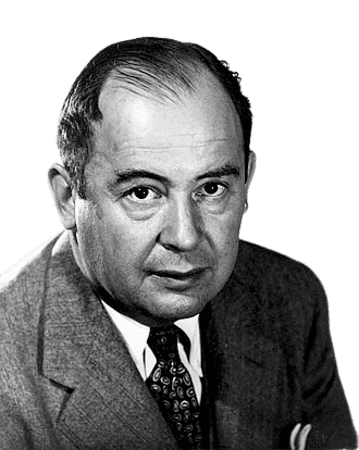 Mathematician and physicist John von Neumann is shown in this black-and-white portrait, wearing a suit and patterned tie with an intense expression. Known for his contributions to game theory, quantum mechanics, and the development of early computer architecture, von Neumann's work was foundational in both mathematics and computer science.