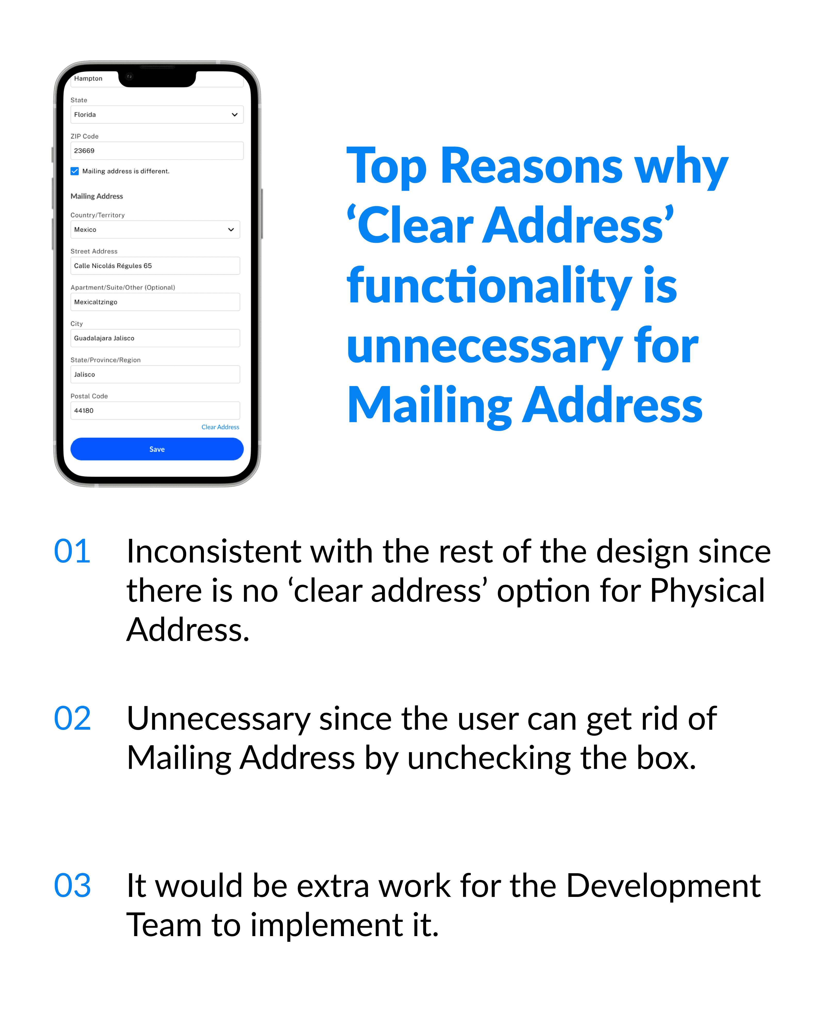 A diagram explaining why adding 'Clear Address' functionality to the Online Mobile Banking app is unnecessary.