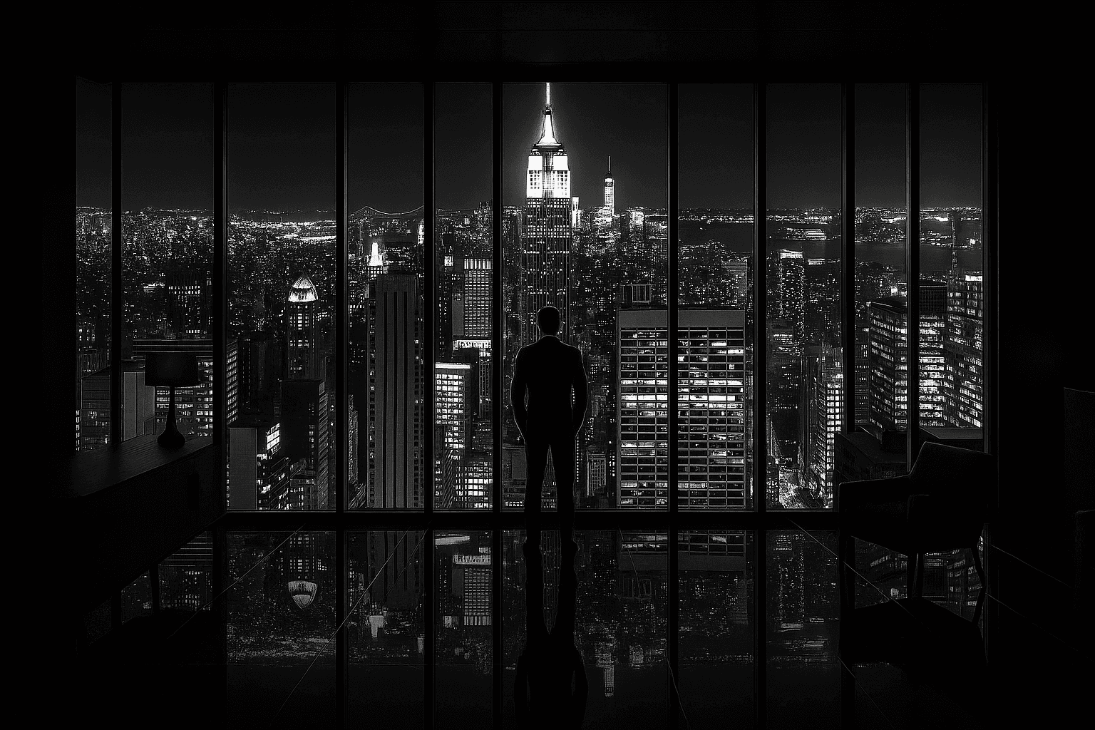 Man looking out at the New York Skyline - Sharan's Vision