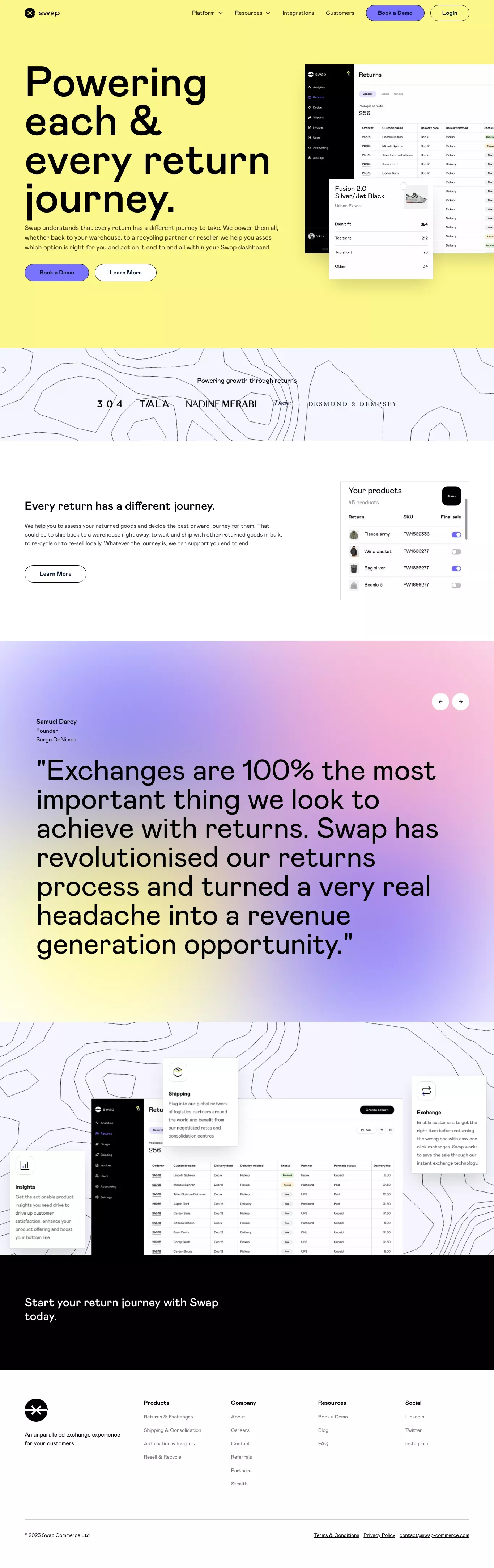 Swap: The exchange first returns platfor landing page screenshot showcasing Tech and Ecommerce design