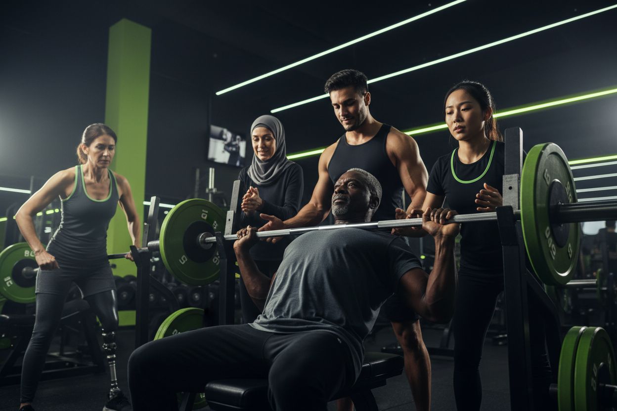 Lifters of various ages bench pressing