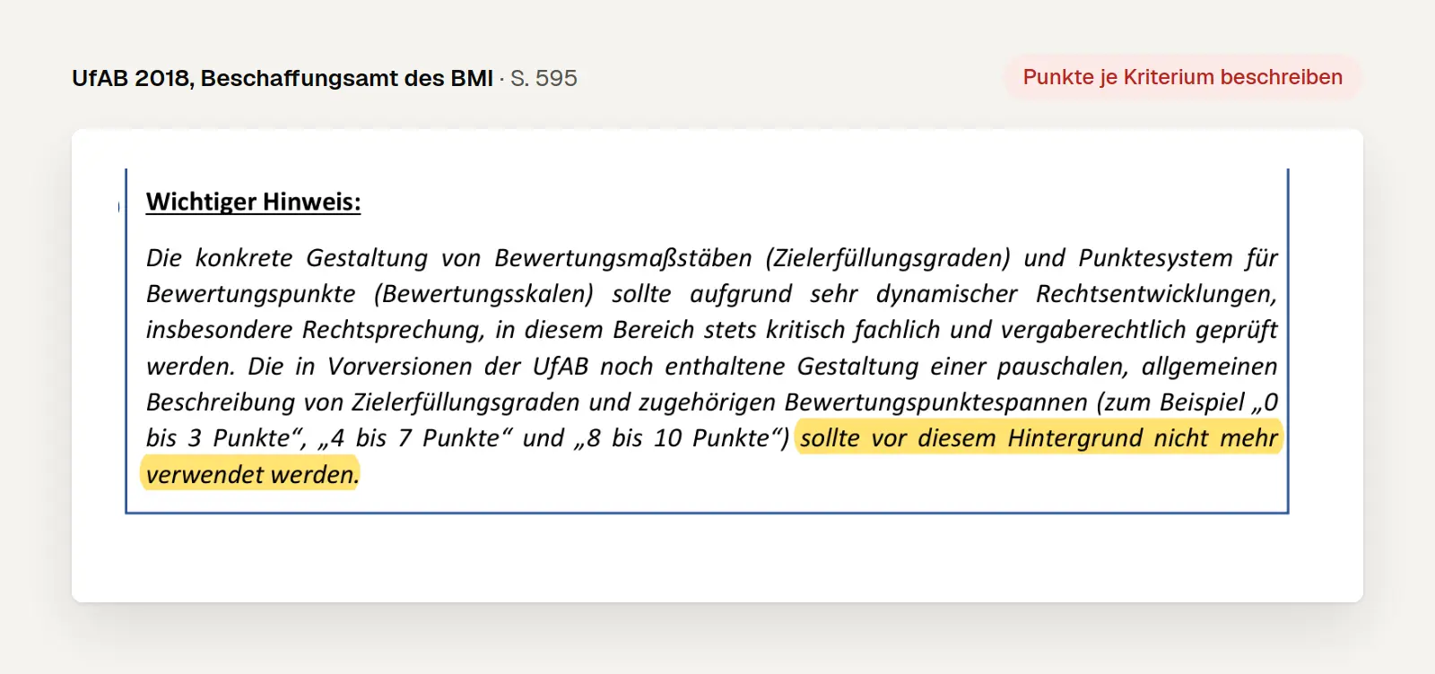 Ausschnitt aus der UfAB 2018, Seite 595: pauschale Bewertungspunktespannen sollen nicht mehr verwendet werden