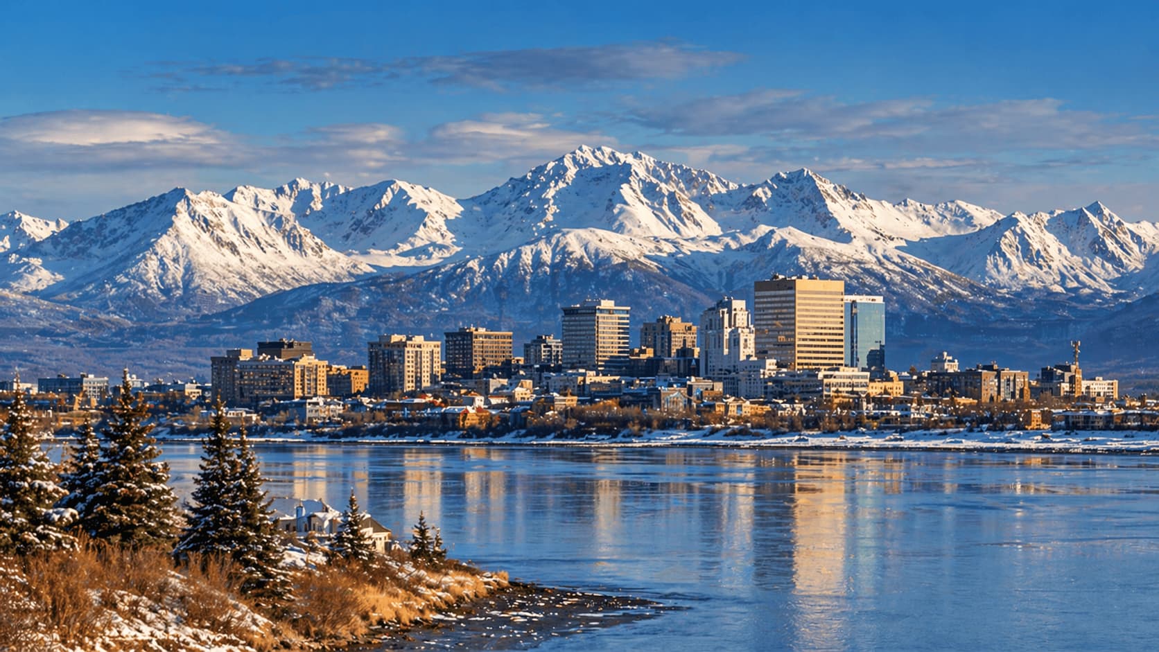 Snow-covered mountains and Anchorage skyline with water in the foreground under a clear sky in Alaska