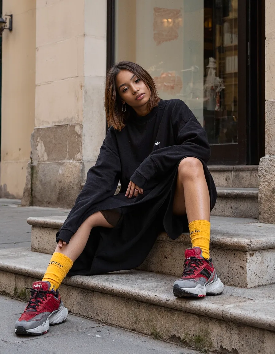 Fashion street style with black sweater dress, bright yellow socks and red sneakers, person seated on stone steps with urban backdrop