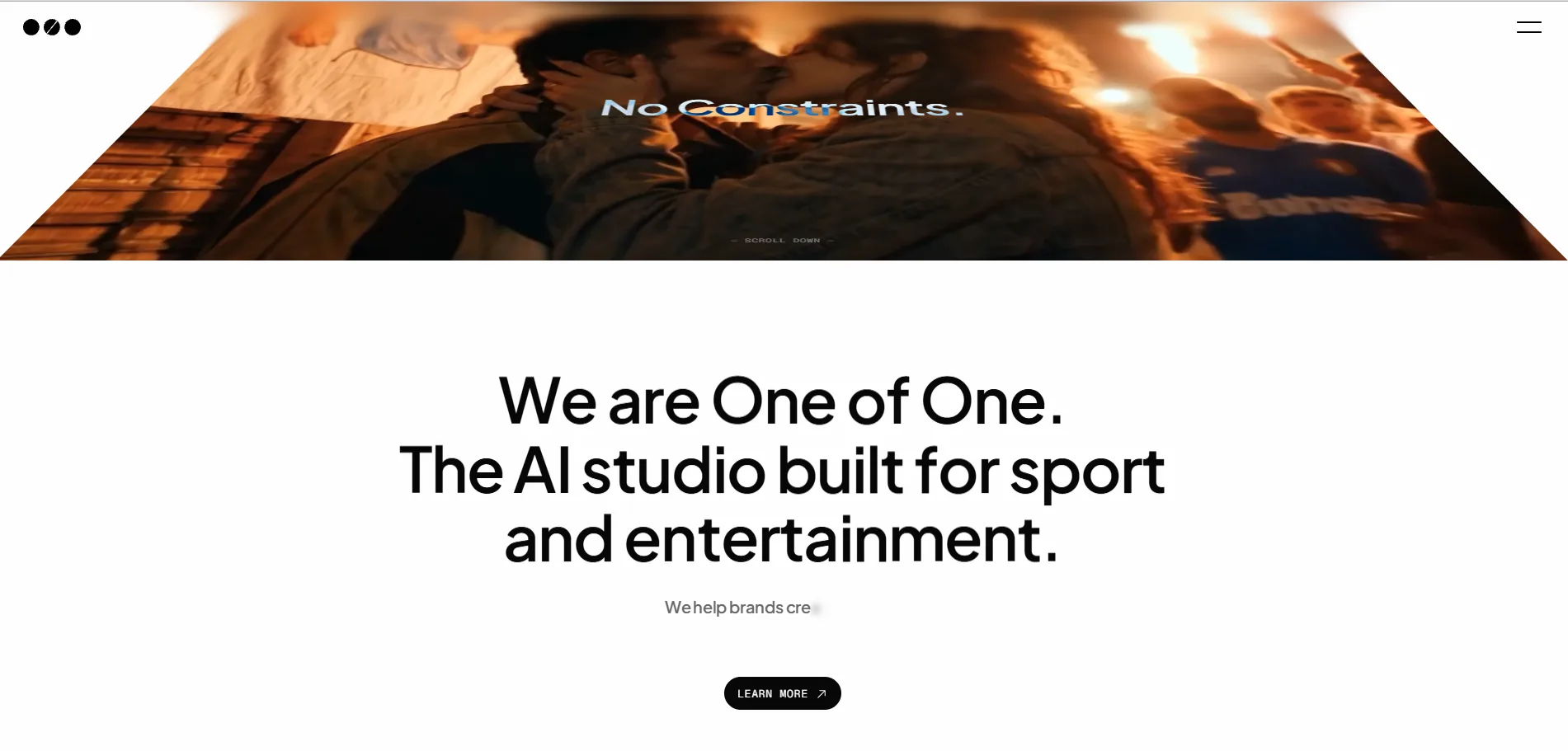 One of One AI website featuring a minimalist hero section with bold messaging, spacious layout, and strong visual clarity.