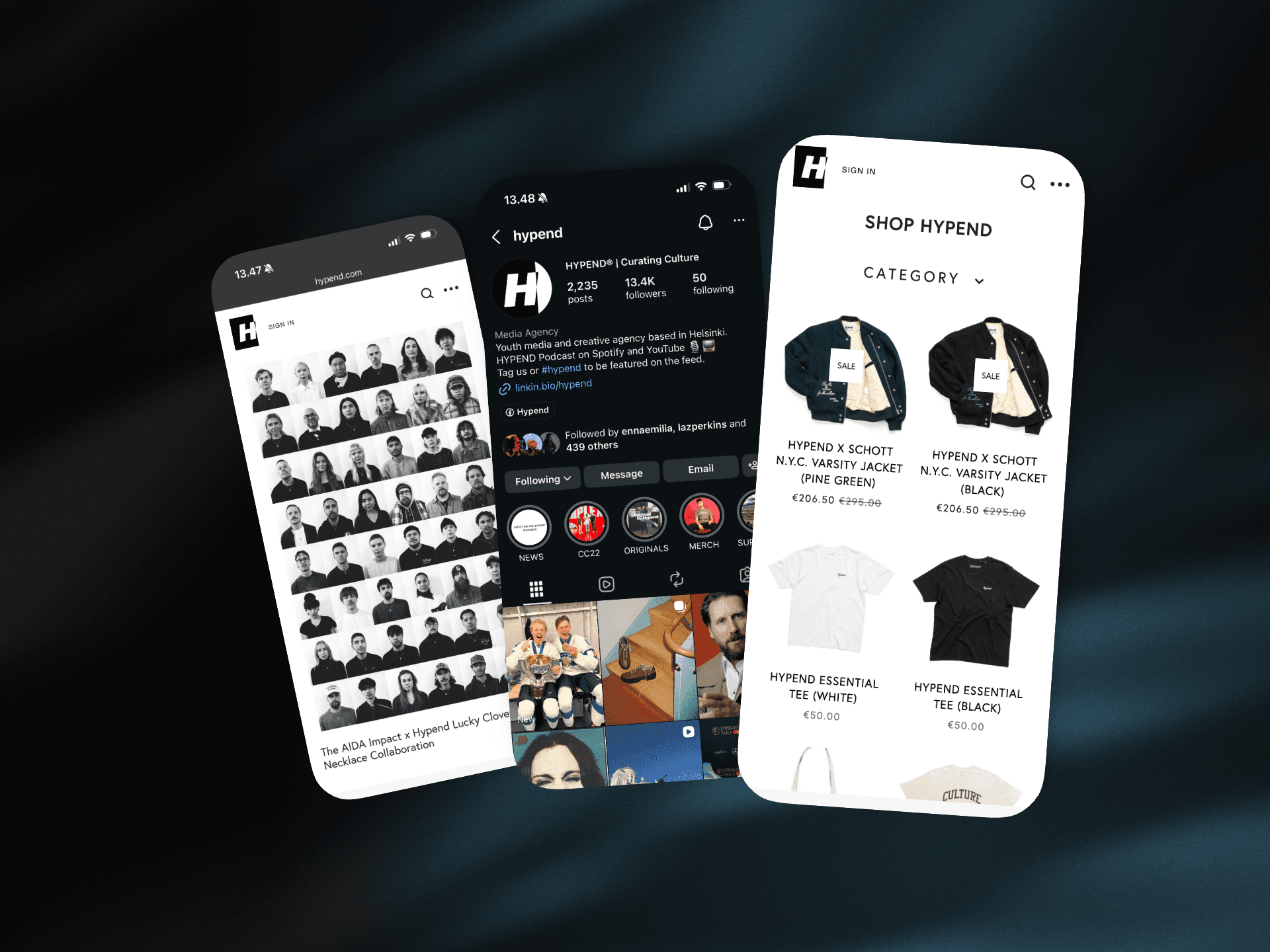 3 phone mockups of Hypend's website, webstore and instagram account