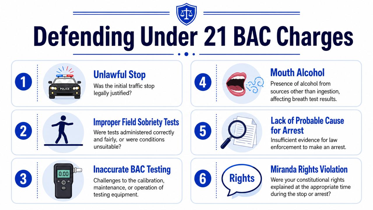 An infographic titled Defending Under 21 BAC Charges listing six legal strategies for challenging drunk driving charges.