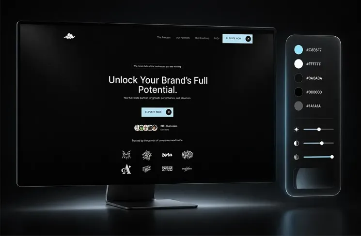 Minimalist dark brand agency homepage design with client logo showcase in Framer