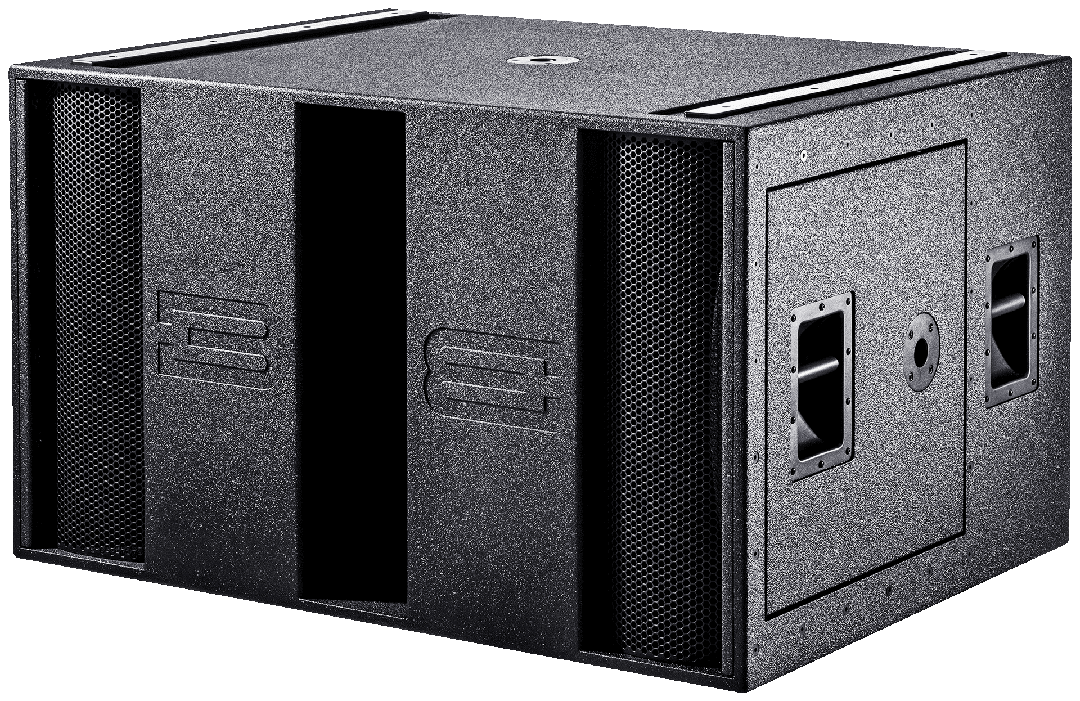 Dual subwoofer speaker cabinet with grills and ports