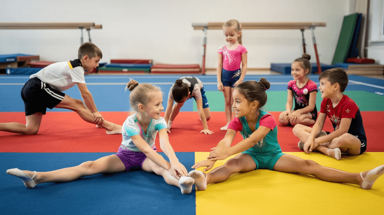 A group of young gymnasts is seen stretching and warming up together on a vibrant gym floor, showcasing their dedication to training in a gymnastics club. This image highlights the camaraderie and focus of athletes preparing for their gymnastics classes, reflecting the supportive environment fostered by effective gymnastics club management software.