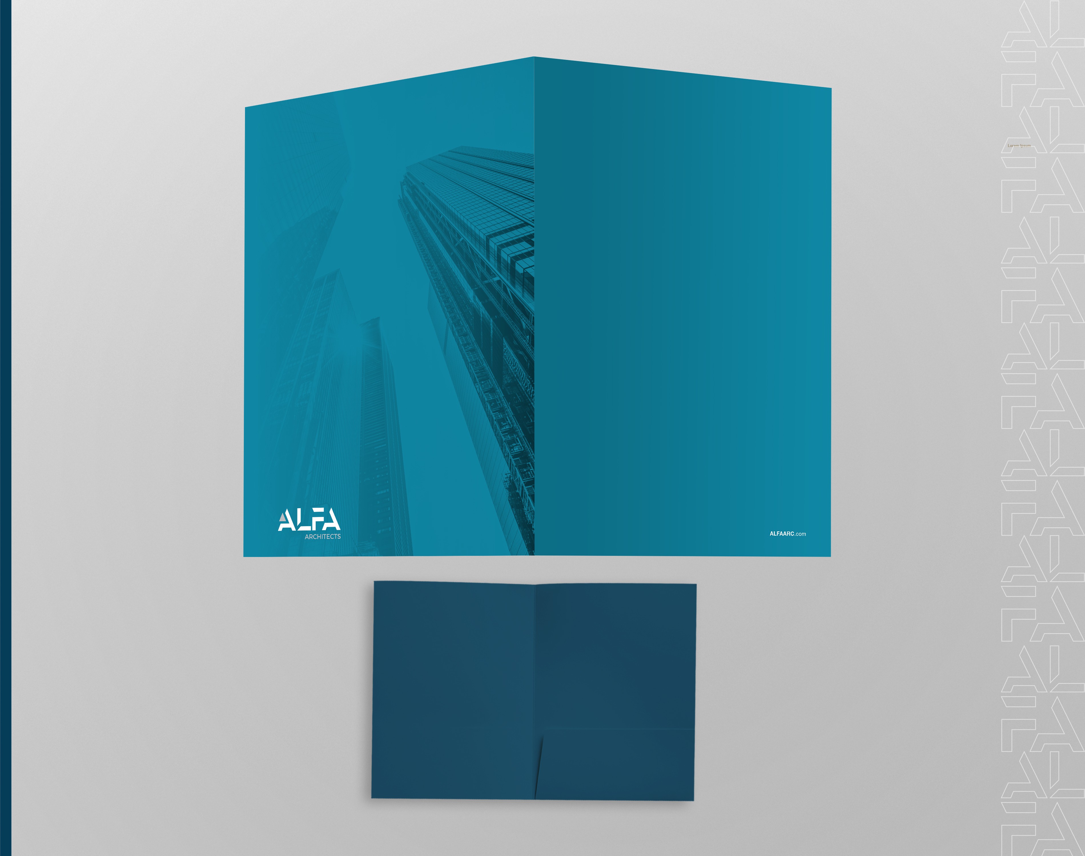 تصميم الحقيبة المكتبية لشركة ألفا يشمل المغلفات وبطاقات العمل والورق الرسمي