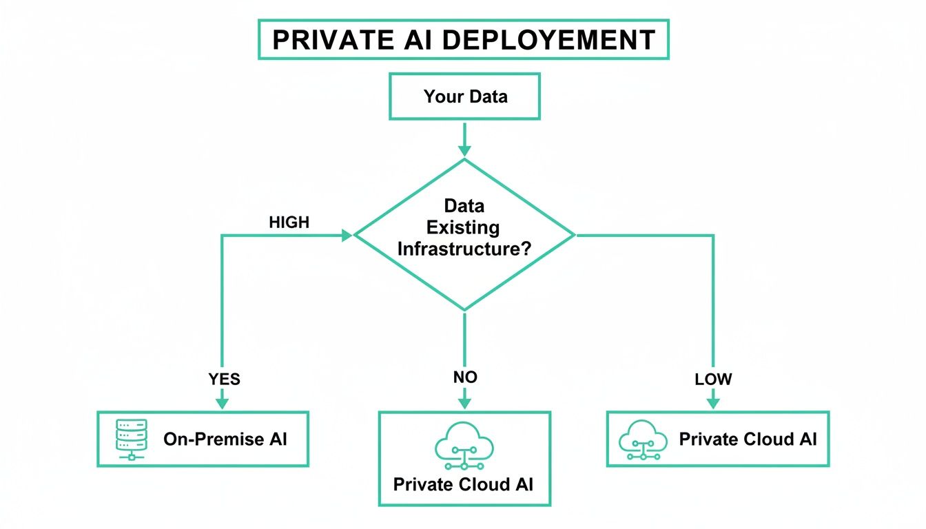 Flowchart illustrating private AI deployment options based on existing data infrastructure, leading to on-premise or private cloud AI.