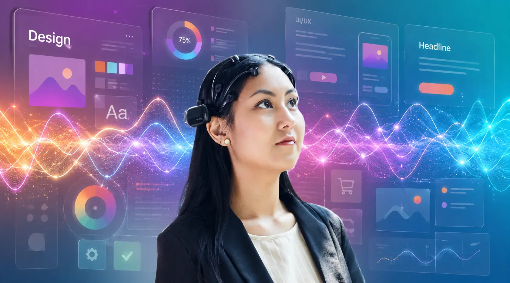 Professional woman wearing an EEG headset stands against a vibrant digital design backdrop featuring colorful interface elements, UX wireframes, analytics dashboards, and flowing simulated brainwave visualizations. The image illustrates neuroscience-powered design optimization, user experience research, and the measurement of cognitive and emotional responses during digital interactions.