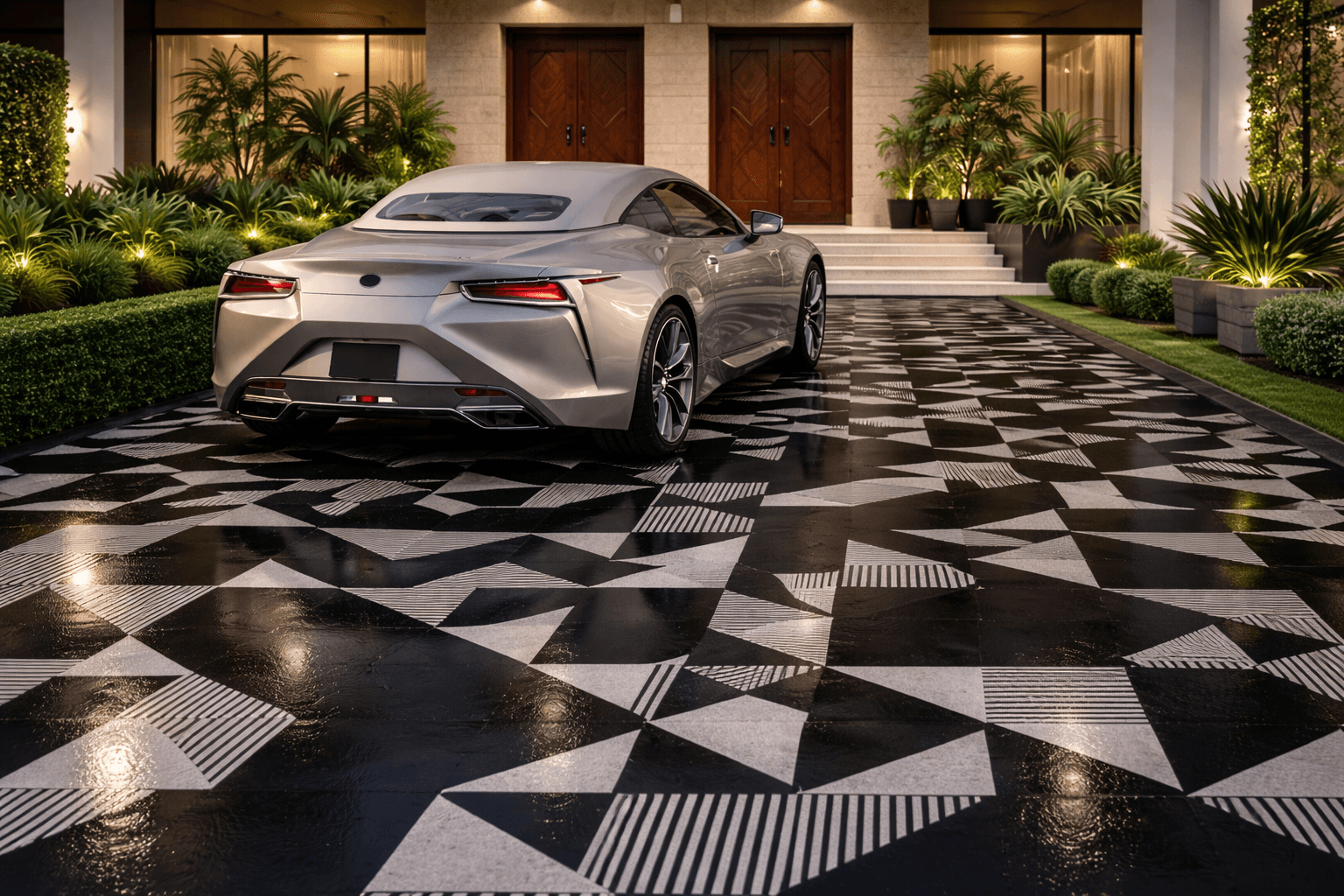 Zodiac stone paving installed in modern residential driveway with bold geometric patterned flooring design