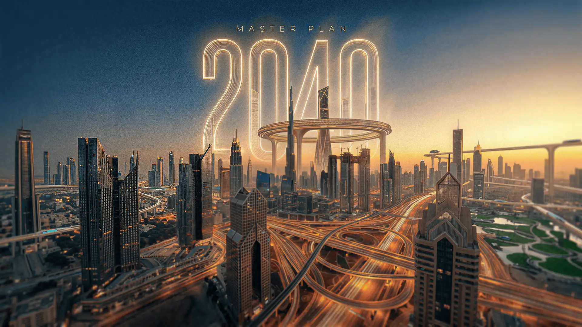 Dubái futurista 2040 con infraestructura elevada, rascacielos modernos y autopistas inteligentes en un plan maestro urbano.