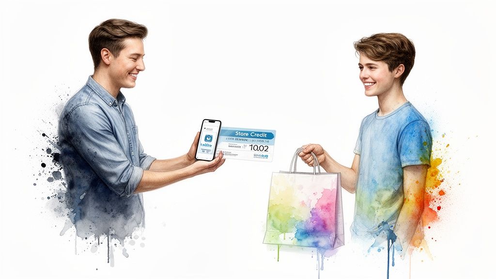 Two smiling men, one showing digital store credit on a phone and a card, the other holding a colorful shopping bag.