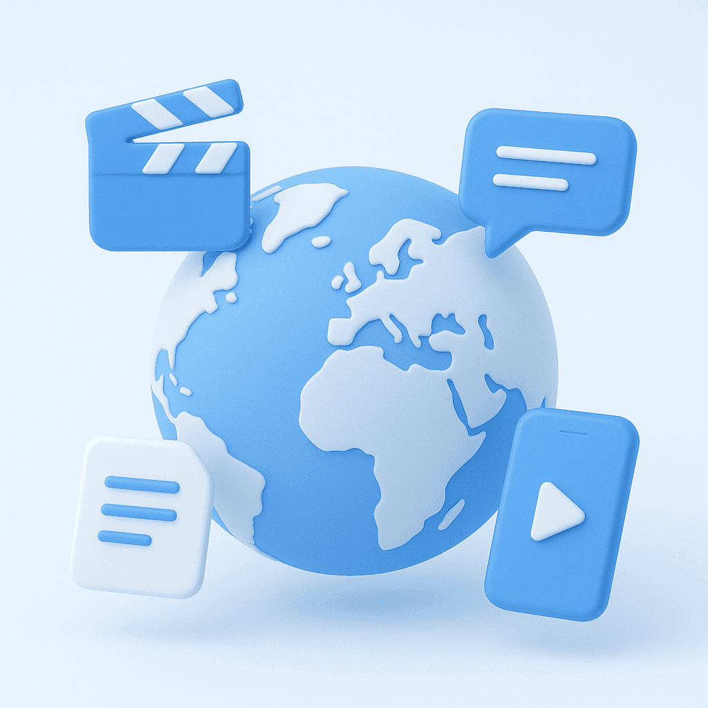 3D illustration of a blue folder with a document inside, surrounded by icons representing writing tools, ideas, and an “SRT” subtitle badge. A checkmark badge is displayed in the center.