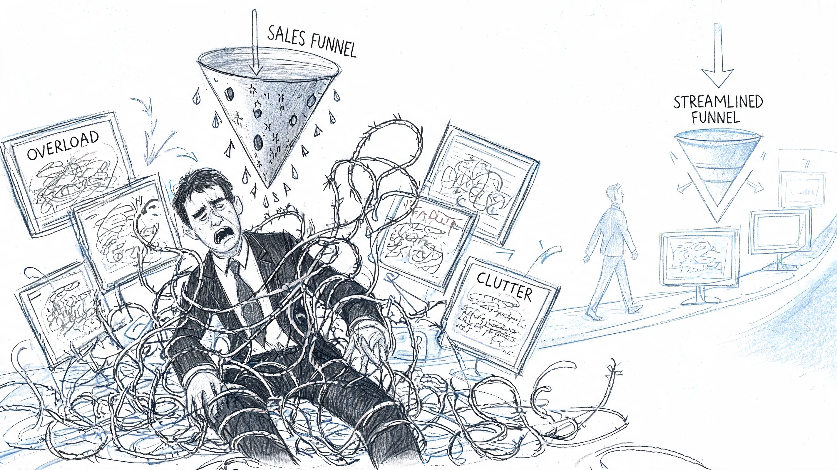 A man overwhelmed by complex sales funnels while a colleague walks past a streamlined business funnel.