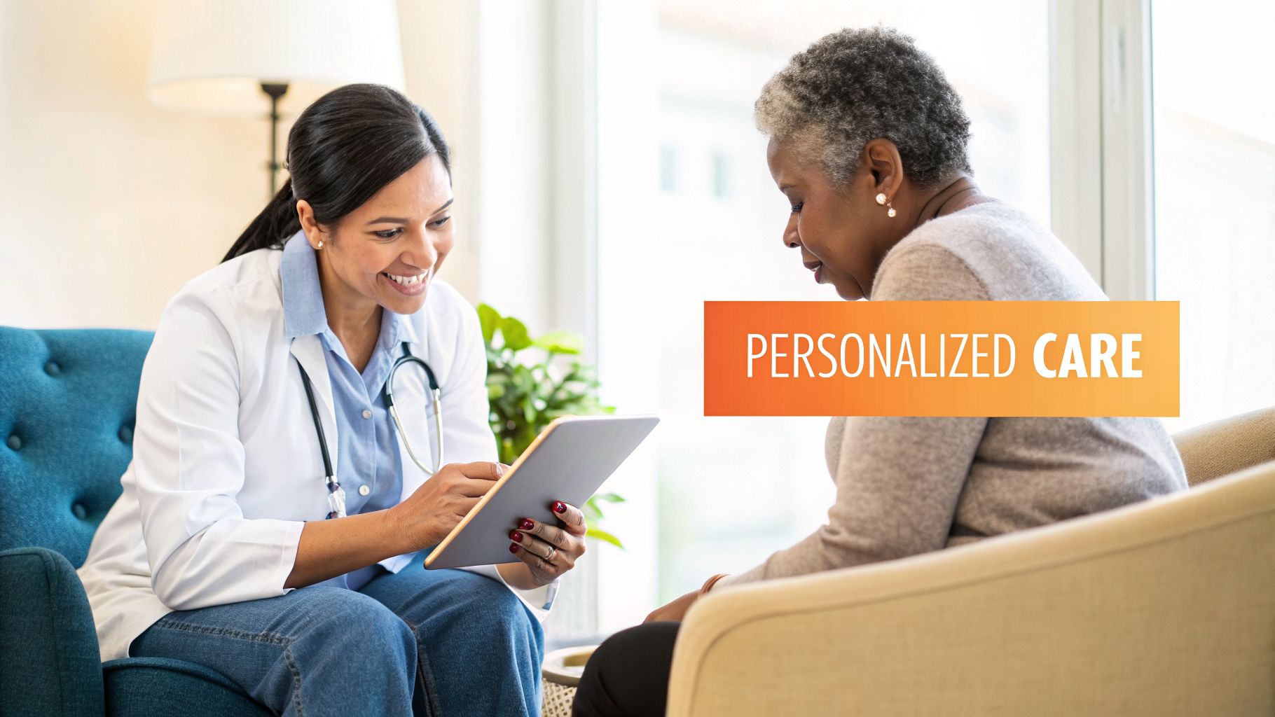 A smiling doctor uses a tablet while speaking with an older patient in a comfortable setting, promoting personalized care.