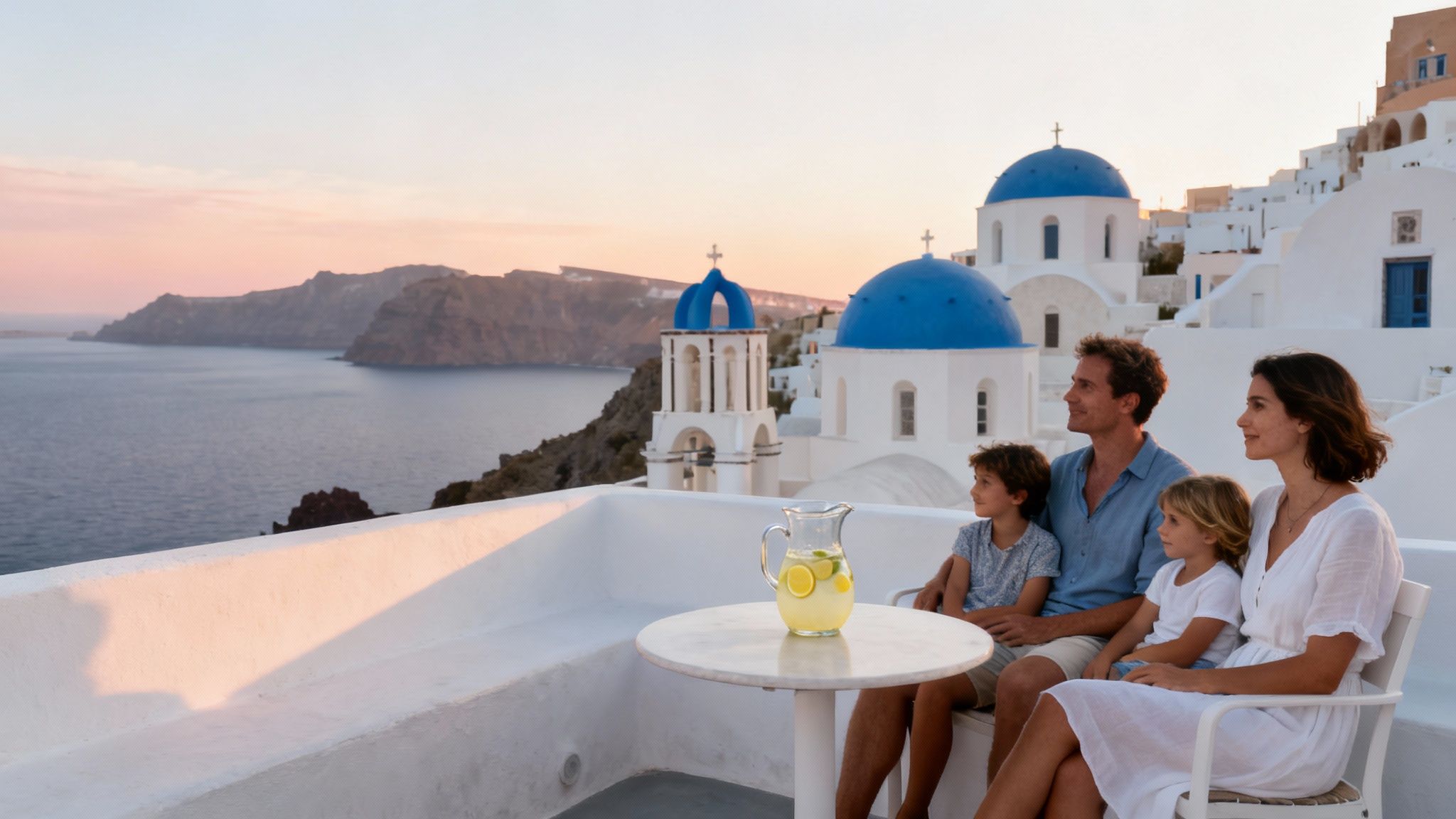 A family of four enjoying lemonade on a terrace overlooking the beautiful Santorini coastline at sunset.