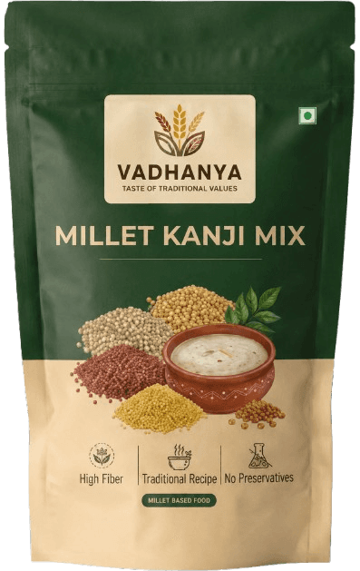 Vadhanya Millet Kanji Mix in a resealable stand-up pouch. The packaging features a dark green top half and a beige bottom half, with an illustration of various millet grains, a bowl of milky mixture, and text highlighting high fiber, traditional recipe, and no preservatives.