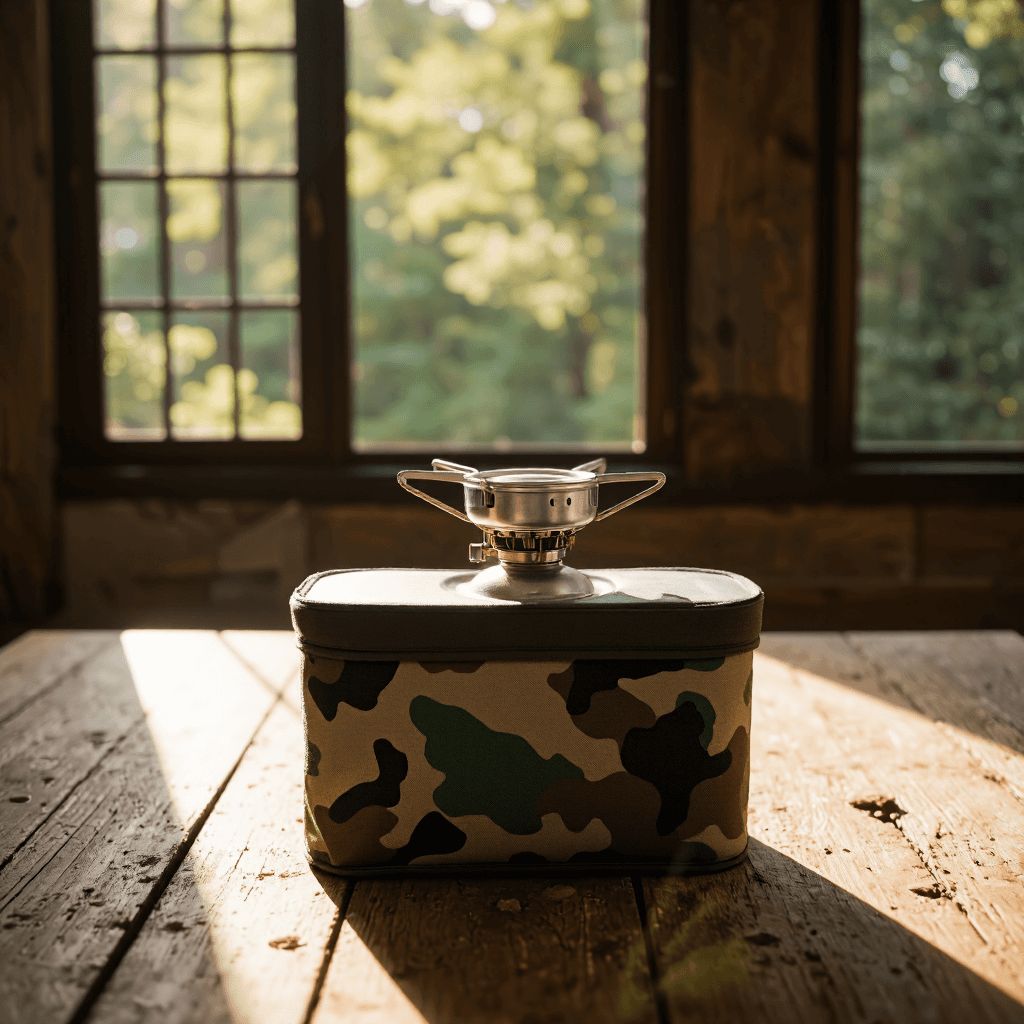 product photography of a camping stove kit with a camouflage carrying bag