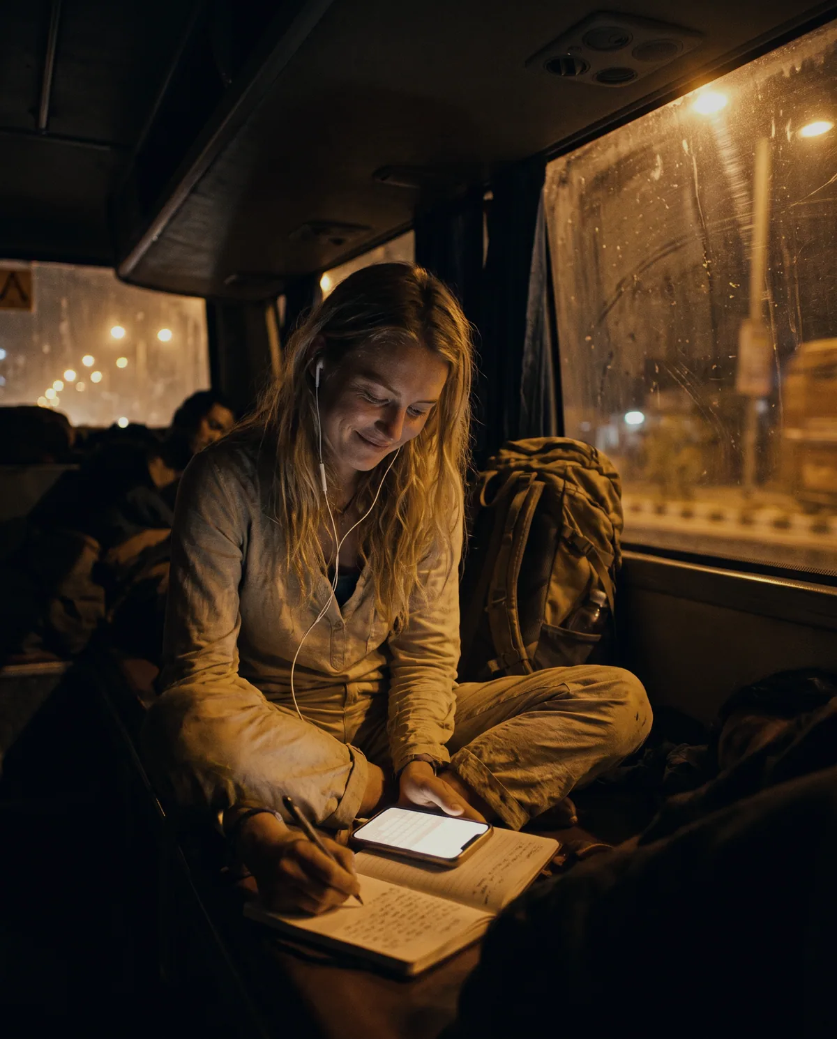 Concept art: a fair-haired young woman sitting cross-legged on a night bus, writing in a notebook by the light of her phone.
